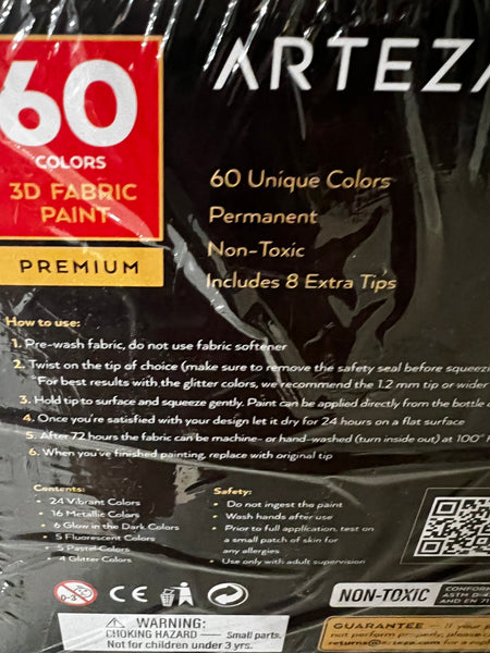 Arteza 3D Fabric Paint, Set of 30, Metallic & Glitter Colors